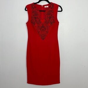 Paul Brial designer evening cocktail chic appliqué embroidered red dress